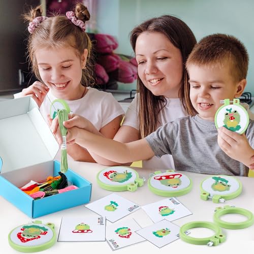 WATINC Beginners Embroidery Kits - 9PCS DIY Keychain with Mushroom Frog Cross Stitch Beginner Kit for Kids Needle Point Starter Kit Sewing Set with Instructions for Children Adults