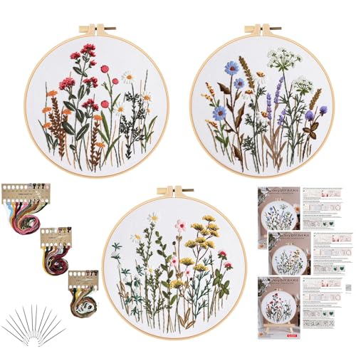 GLTAYLMY Flower Embroidery Kit for Beginners with Pattern and Instructions,3 Pack Cross Stitch Kits,1 Plastic Embroidery Hoops,Threads and Needles,Needlepoint Kit for Adults - color: Grass
