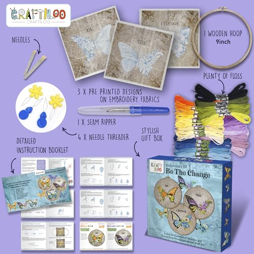 Butterflies Embroidery Kits for Adults - Stamped Beginner Hand Embroidery - color: Be The Change