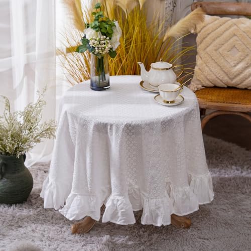 ARTMAGIC French Ruffle Cotton Tablecloth Round Embroidered Table Cloths - size: 60" (Round)