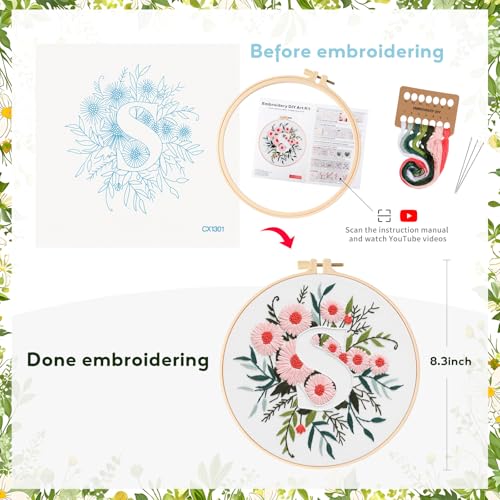 Zerzsy 7.87 '' Embroidery Kits Plant Flower Leaf English Letter Patterns for Beginners Adults, Easy to Learn Cross Stitch Kit for Home Office Decor - color: Letter S
