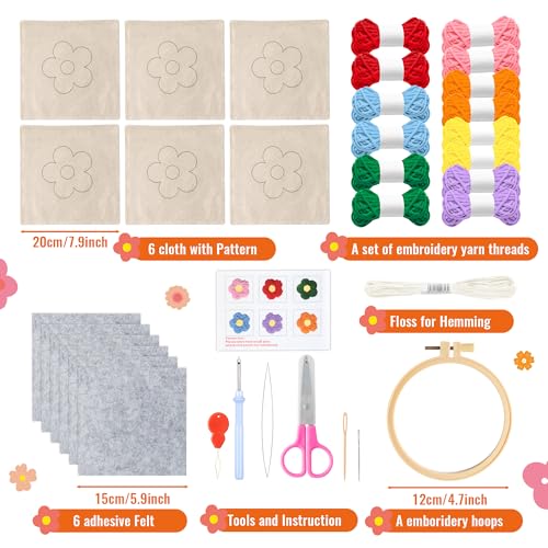 WATINC Punch Needle Coaster Kit - 6 Pattern DIY Craft for Beginners, Flower