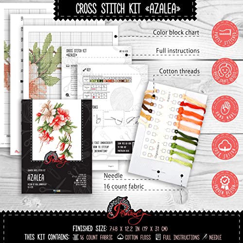 Povitrulya Azalea Embroidery Kit - DIY Flower Counted Cross Stitch Set with Pre-Sorted Floss, Paper Pattern and Banked 16 Count Aida Cloth - color: Azalea