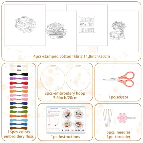 BEUNITONE 4 Set Book Flower Embroidery Kit for Adult Beginners 7.9x7.9 DIY Cross Stitch Kits Needlepoint Starter Kit with Pre-Printed Design and Hoops, Stamped Embroidery Kit for Home Ofiice Decor - style: B-Book Flowers