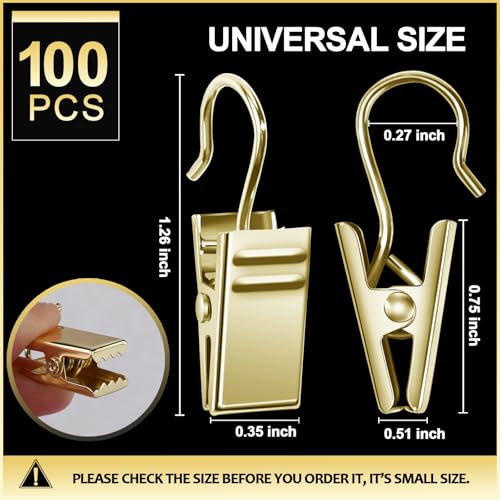 Teenitor 100 Pack Gold Curtain Clips Curtain Hooks, Stainless Steel Small Clips for Hanging Curtains, Outdoor String Lights, Art Craft Display, Gold - color: Gold