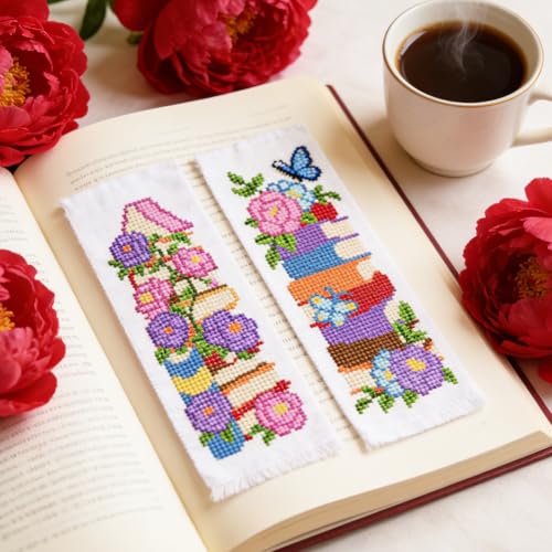 ORIGACH 6 Set Stacked Books & Flower Cross Stitch Bookmark Kit for Beginner - style: Stacked Books & Flower