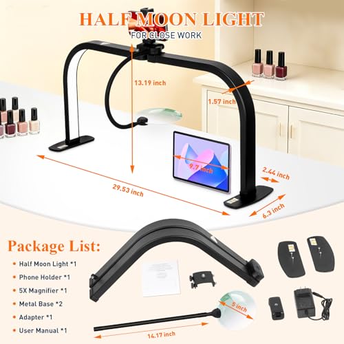 Half Moon Nail Light for Desk with 5X Magnifier & Phone Holder - color: Black