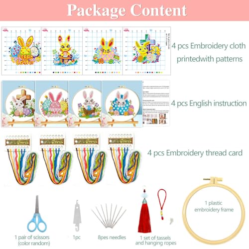 Zhenging Easter Cross Stitch Kit with 4 Bunny & EggPatterns -9.45x9.45 Inch Hoop, Pre-Printed Fabric,Threads, Tools -DlY Easter Craft Gift for Adults, HomeDecor - color: 69461