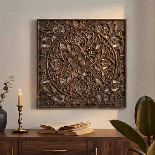 XIAOAIKA Boho Carved Wood Wall Art Panel, Floral Mandala, Distressed Brown - color: Distressed Brown