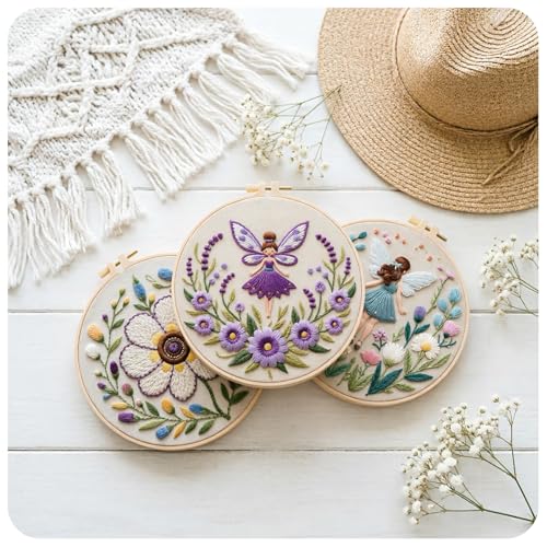 MAKHOT Folwer Embroidery Kits for Beginners with Cross Stitch Kits, Embroidery Hoop, Tools,Colorful Threads,Step by Step Instructions,Adults Starter Cross Stitch Kit DIY Needlepoint(3PCS Purple) - color: 3PCS Purple