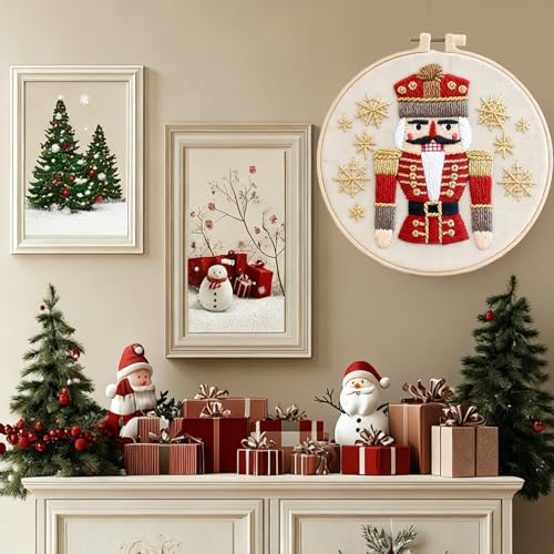 Christmas Embroidery Kit DIY Hand Embroidery Starter Cross Stitch Kits, Christmas Ornaments Embroidery with Stamped Pattern,Cotton,Threads,Needles,Instructions for Adults Beginners (Nutcracker) - color: Nutcracker