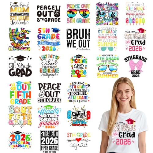24Pcs 5th Grade Grad Dtf Transfers Ready to Press Fifth Grade Graduation Iron on Transfers for Tshirts Elementary School Heat Transfer Vinyl Stickers for Clothing Pillows Bag DIY Crafts - color: 5th Grade Grad