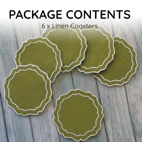 Linen Coasters for Drinks Set of 6, Oliver - color: 1121 - Olive, size: 6 inches