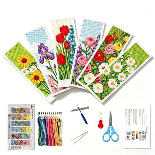 Zhenqing Floral Stamped Cross Stitch Bookmark Kit, 6 Garden Flower Designs on 11CT Fabric for Beginners, Book Lover Gift - color: 6 Garden Flower Bookmark