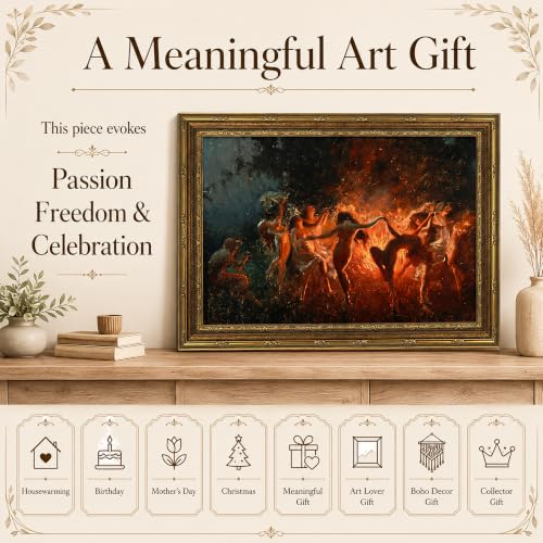 Vintage Gold Frame Fire Dance Wall Art, Gothic Canvas Painting Print for Dark Academia Decor, Moody Fantasy Ritual Picture for Living Room Bedroom Aesthetic, Occult Witchy Home Office Art 16x24 In - color: fire dance, size: 24"L x 16"W