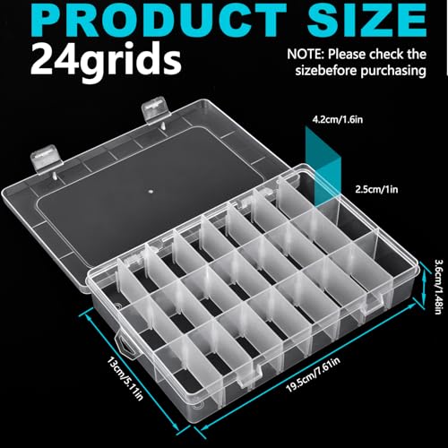 2 Pack 24 Grids Plastic Storage Box Clear Organizing Containers with Adjustable Dividers for Beads, Crafts, Art DIY, Jewelry, Screws, Pins, Thread, Fishing Gear, Small Items