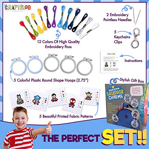 Superhero Cross Stitch Kit for Kids - 5 Stamped Beginner Projects - color: Superhero