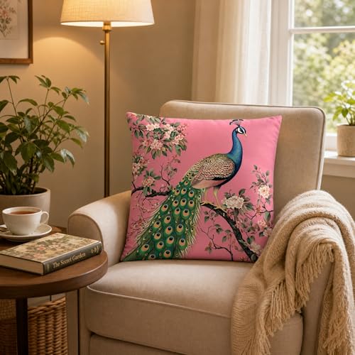 18x18 Pink Chinoiserie Peacock Floral Linen Throw Pillow Cover - color: Pa10051, size: 18" x 18" (Pack of 1)