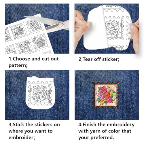 BENECREAT 4Sheets 50Pcs Botanical Stamps Water Soluble Embroidery, 11.7x8.3inch Flowers, Leaves Stick and Stitch Embroidery Paper Stabilizer for Shirts, Coats, Bags - style: Botanical Stamps