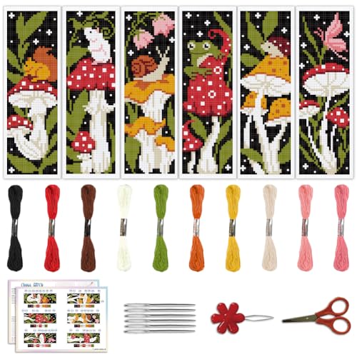 ACRNIGHEET 6PCS Stamped Cross Stitch Bookmark Kit for Beginners Mushroom - style: Mushroom Patterns