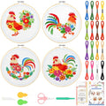 Rivvlive 4 Sets Funny Rooster Embroidery Kit with Embroidery Hoop Pattern Needlepoint Kit for Beginners and Adults Needlepoint Crafts Set with Needles Thread and Instruction DIY - style: Rooster