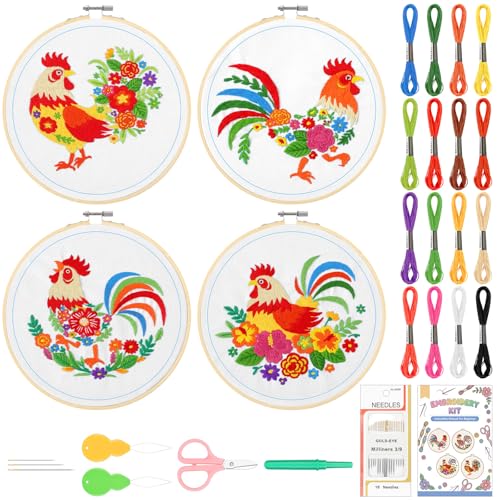 Rivvlive 4 Sets Funny Rooster Embroidery Kit with Embroidery Hoop Pattern Needlepoint Kit for Beginners and Adults Needlepoint Crafts Set with Needles Thread and Instruction DIY - style: Rooster