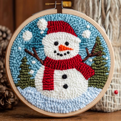 DIY Punch Needle Kits Christmas Snowman Winter Snow with Hoop 20x20cm-1