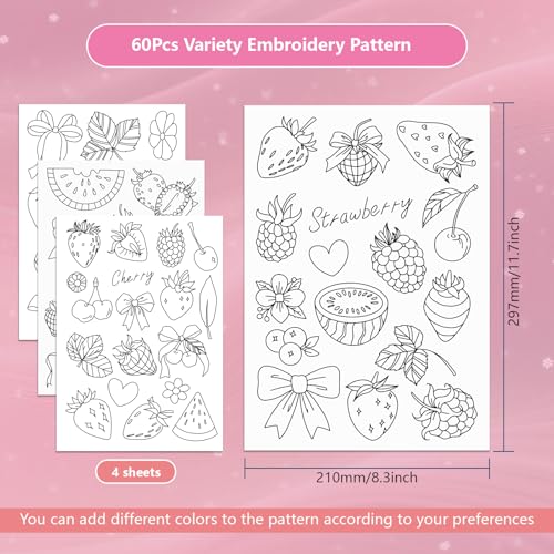 ORIGACH 4 Sheets Water Soluble Embroidery Patterns Stabilizers - Pre-Printed Strawberry Designs - Stick & Stitch Embroidery Paper for Hand Sewing Lovers - color: Strawberry