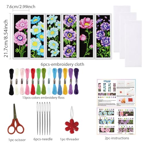 ORIGACH 6 Set Anemone Flower Cross Stitch Bookmark Kit for Beginner - style: Anemone