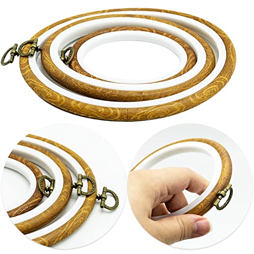 3 Sizes Imitated Wood Display Oval Round Embroidery Hoop Set Plastic Circle Cross Stitch Hoop Rings for DIY Craft Sewing,Including 16pcs Gold Eye Sewing Needles - style: 3 pcs oval sizes