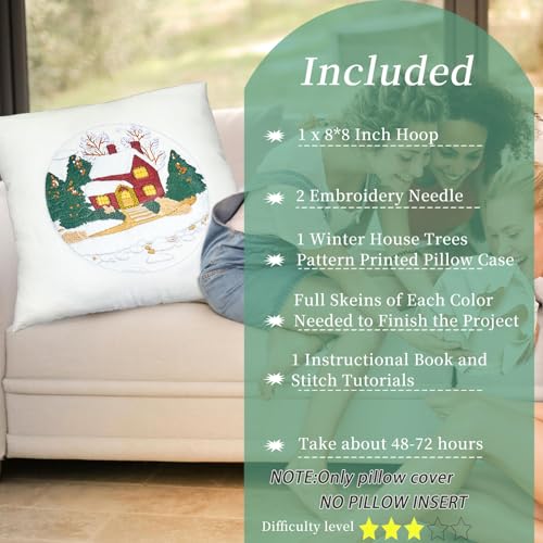 FONNUY Christmas Embroidery Kit for Beginners, Throw Pillow Case Cross Stitch Set Winter Snow House Holly Tree Pattern for Adults, Hand Works Crafts Throw Pillow Cover, 18 x 18'' (White) - color: White