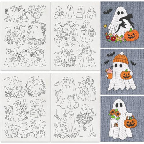 19Pcs Halloween Ghost Water Soluble Hand Sewing Stabilizers, 8.3"x11.7" Ghost Pumpkin Embroidery Pattern Stabilizer, 4 Sheets Flower Ghosts Stick and Stitch Embroidery Paper Sticker