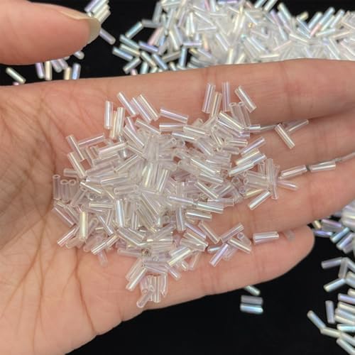 4200pcs Glass Bugle Beads, Mini Long Tube Seed Beads Bulk, Tiny Small Loose Spacer Embroidery Beaded for Bracelets Jewelry Making Sewing, Crafts, Christmas Ornaments, 2×6mm, Clear White AB - color: Clear White AB