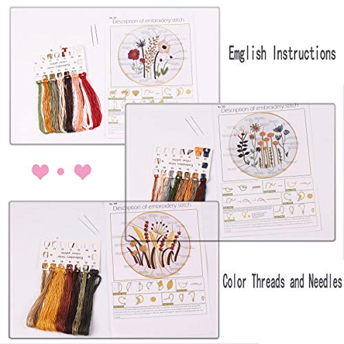 3 Sets of Beginner Embroidery Kits with 3 Patterns and 6 Needles, Needlepoint Kits for Adults,Including Embroidery Floss,3 Plastic Hoops and 3 Cotton Fabric