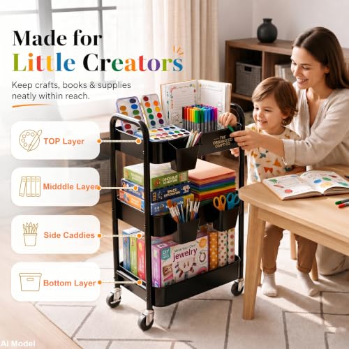 3 Tier Rolling Cart Metal with Wheels,Black Three Tiered Art Cart Organizer - color: Matte Black, size: 3 Tier + Cups + Hooks