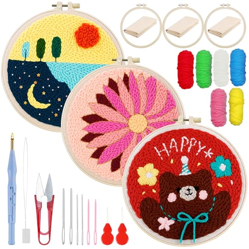 Woohome Punch Needle Kit Included Plastic Hoops, Punch Needle Cloth, Color Yarn and Punch Needle Tools for Adults, Beginners (Flower, Lake and Bear) - color: Color 21