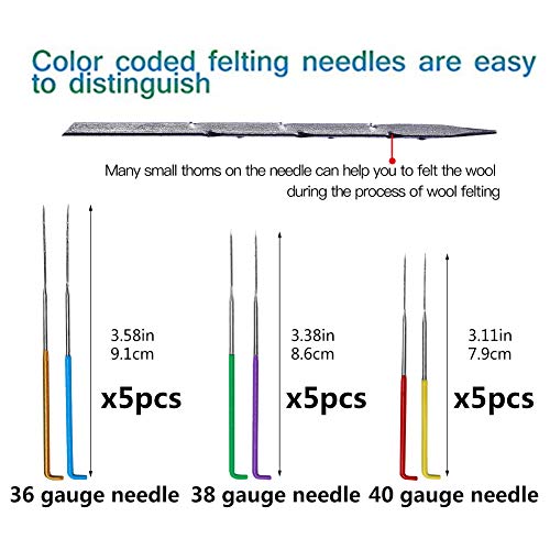 JNENERY Needle Felting Tools, 38 Pcs Felting Needles - Needle Felting Supplies with 3 Sizes Felt Needles(36 Gauge, 38 Gauge, 40), Color Wooden Handle Holder for Felting