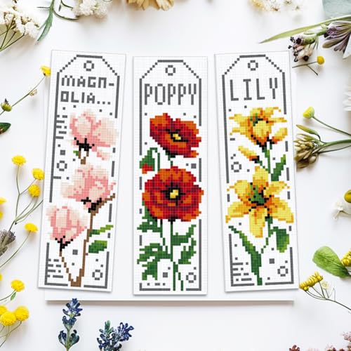 ACRNIGHEET 6PCS Cross Stitch Bookmark Kits for Beginner Flower Crossstitch Kits Adult Rose Daisy Lily Stamped Embroidery Bookmarks with Accessories for Adults Craft Gift 11CT - style: Floral patterns 2