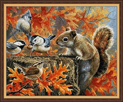 Rosyfoxes Cross Stitch Kits Stamped Full Range of Embroidery Starter Kits for Beginners DIY 14CT 2 Strands - Printed kit Squirrel and Bird(Printed) 18.5×15.7 inches - color: Squirrel and bird(printed) 18.5×15.7 inches