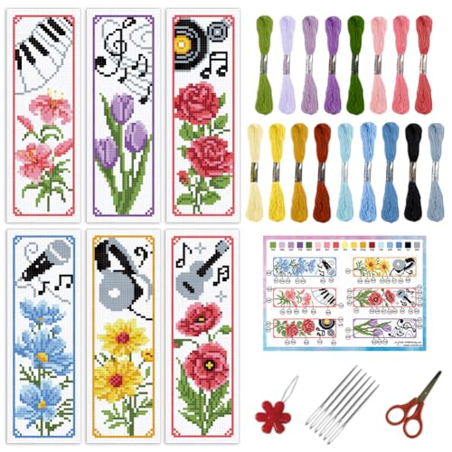 INFUNLY 6pcs Flower Music Cross Stitch Bookmark Kit for Beginners DIY Lily Tulip Roses Daisy Stamped Embroidery Bookmark Kits Piano Note Record Needlepoint Kit with Instruction for Book Lovers Readers - style: Flower Music