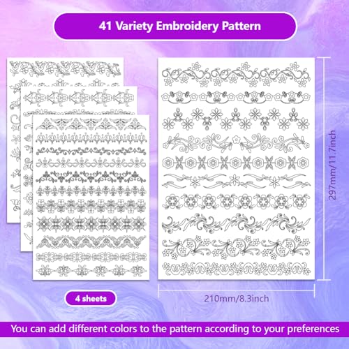 ORIGACH 4 Sheets Water Soluble Embroidery Patterns Stabilizers - Pre-Printed Borders Designs - Stick & Stitch Embroidery Paper for Hand Sewing Lovers - color: Borders