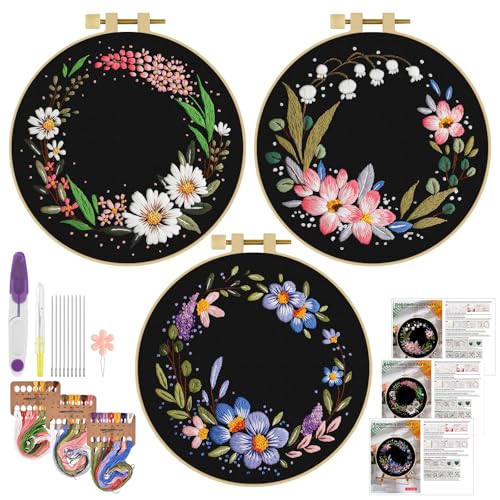 ERKOON 3 Sets Embroidery Kit, Floral Cross Stitch Set for Include Embroidery Cloth Hoops Threads for Craft Lover Hand Stitch (Garlands) - color: Garlands