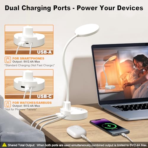 15W LED Desk Lamp with USB Charging Ports – Dimmable Table Lamp with 3 Color Temps, 5 Brightness, 4 Timers, Flexible Gooseneck Light with Base, Eye-Caring Reading Light for Home Office, Bedroom, Study - color: White, size: 4.7'' Lamp