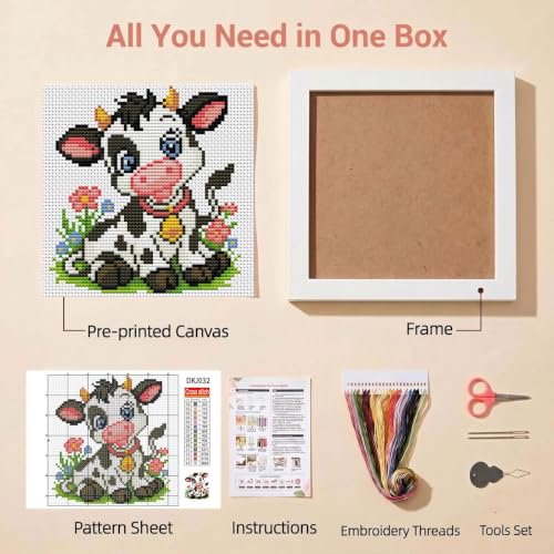 WUSARPLY Cow Stamped Cross Stitch Kits for Beginners Adults with Framed - color: DKJ032