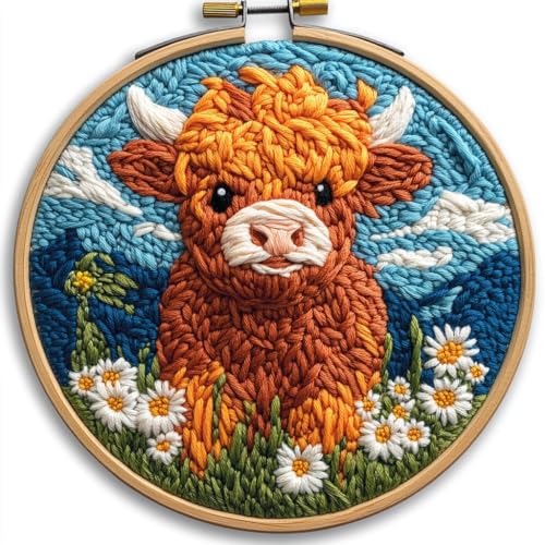 Punch Needle Kits for Beginners Highland Cow with Daisy Flower 20x20cm(4) - color: 05-Highland Cow