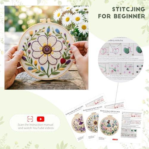 MAKHOT Folwer Embroidery Kits for Beginners with Cross Stitch Kits, Embroidery Hoop, Tools,Colorful Threads,Step by Step Instructions,Adults Starter Cross Stitch Kit DIY Needlepoint(3PCS Purple) - color: 3PCS Purple