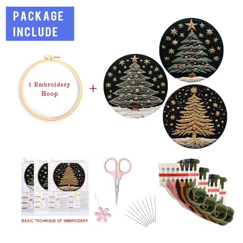 EOBTAIN 3 Pcs Merry Christmas Embroidery Kit for Beginners,Green Gold Christmas Tree Embroidery Starter Kit Xmas Winter Snow Stamped Patterns with Hoop,Thread,Needles,Hand DIY Craft Kits for Adults - color: Green Gold
