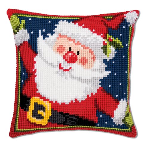 Vervaco Cross Stitch Christmas Pillow Kit TA-DAA Santa DIY Home Decor Stamped Embroidery Chunky Cross Stitch Cushion Craft Supplies ca. 16" x 16" Needlepoint Kits for Adults Creative Gift - size: Happy Santa