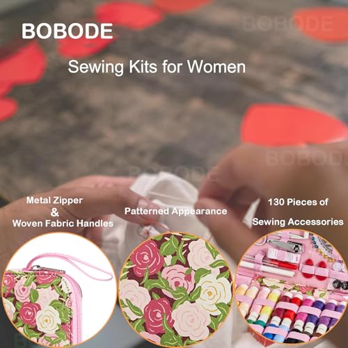 Rose Floral Sewing Kit with 130 PCS Sewing Supplies Accessory,PU Zipper Sewing Needles Set, Professional Travel Sewing Kit for Adults,Emergency, Beginners - color: 130PCS-MG