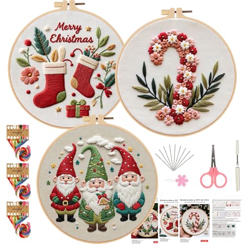 Smart-Feather 3 Sets Holiday Embroidery kit for Beginners, Hand Embroidery Kits for Adults with Hoop, DIY Art Project Craft Kit (Season) - style: season
